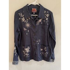 Johnny Was Andromeda Embroidered Women’s XS Top Button Up Blue Cream Linen Shirt
